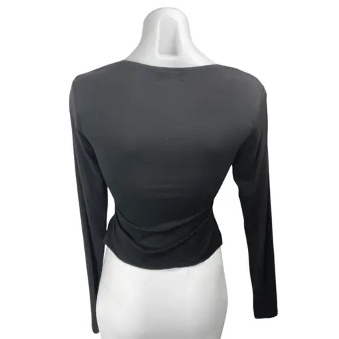 Edikted Women's Black Long Sleeve Ruched Tie Front V-Neck Crop Shirt Top Size S