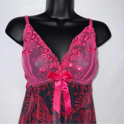 Floral Embroidered Sequin Pink and‎ Black Lace Nightgown Chemise Lingerie Size L