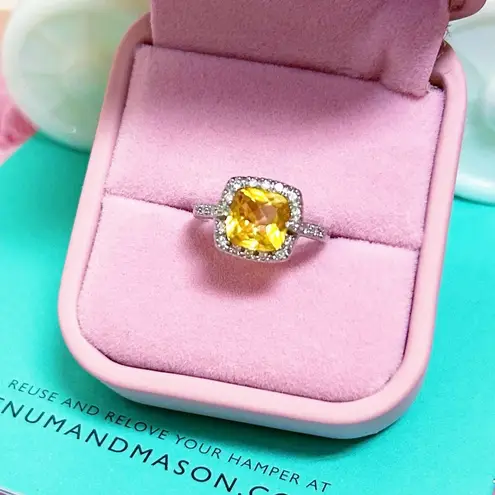 14kt White Gold 2+ Carat Cushion Cut Diamond Halo Citrine Ring Silver Size 6