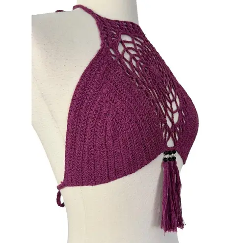 LAKHAYS Crochet Dream Catcher Halter Crop Top Tasseled Beaded Maroon One Size Size undefined