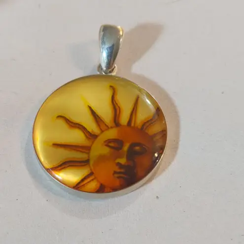 Sun Pendant Sterling Silver Yellow Orange Resin Inlay 925 Thailand Bonus 34 Inch