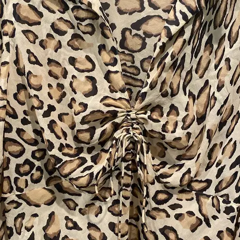 The Limited  100% Silk Tan & Black Leopard Print Long Sleeve Front Gathered Top