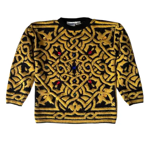 80's/90's Vintage Midnight Blues Womens Embellished Small Sweater Jewel Fuzzy Black