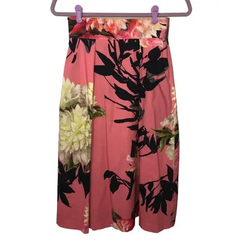 Black Halo Grand Floral Skirt Size 2 Pink Midi Pockets Fit Flare Anthropologie