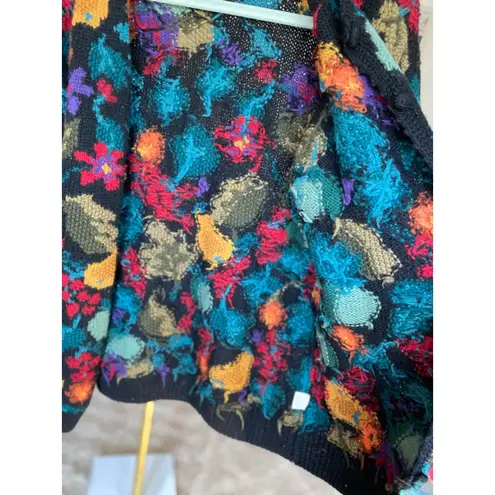 Vintage Northern Isles 100% Wool Floral Cardigan Signature Knit By Hand Cottagecore Boho Black Size M