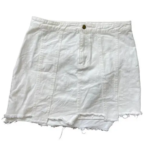 Lily Rain Women's White 100% Cotton Raw Asymmetrical Hem Jean Mini Skirt Sz Med