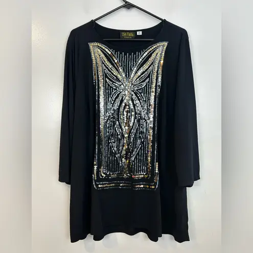 Bob Mackie Black Metallic Silver/Bronze Sequin 3/4 Sleeve Top Size XL