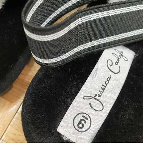 Jessica Carlyle Black/White Stripes Faux Fur Elastic Slingback Slides Slippers 9