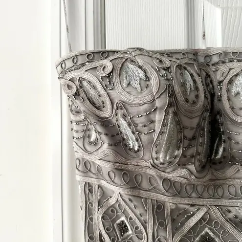 Sue Wong Nocturne Silver Satin Beaded Geo Strapless Mini Cocktail Dress NWT 2