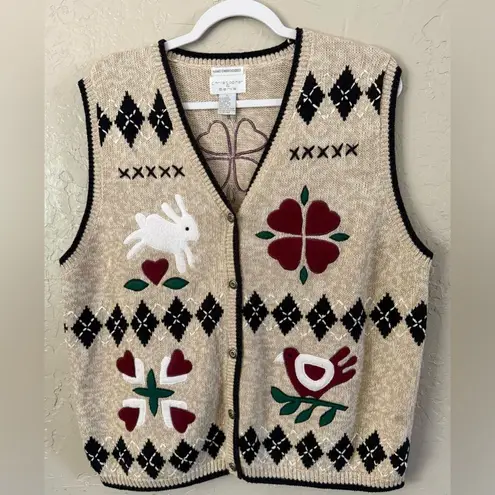 Christopher & Banks Vintage Vest Womens Sz XL Hand Embroidered Bunny Granny