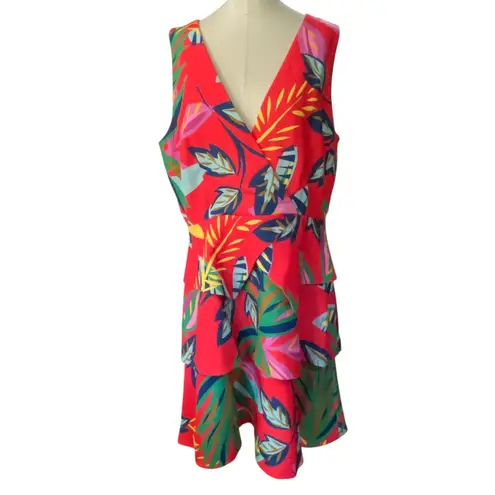 Alex Marie red tropical leaf print V-neck tiered mini dress NEW Size 14