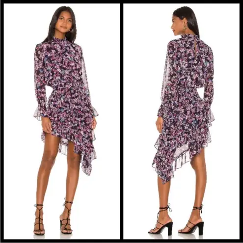 MISA Los Angeles Savanna Smocked Floral High-Neck Asymmetrical Dress SZ Medium