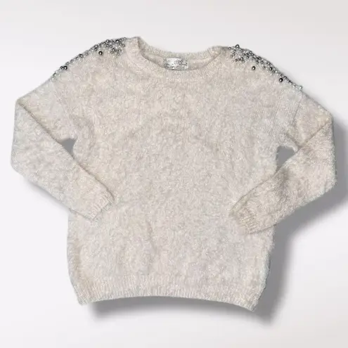 Mizumi Ivory Beaded Fuzzy Sweater Embellished Long Sleeve Soft Knit Size Small White