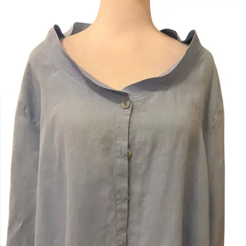 Flax Light Blue Button Up Tunic Top 100 Percent Linen Women's Large Lagenlook
