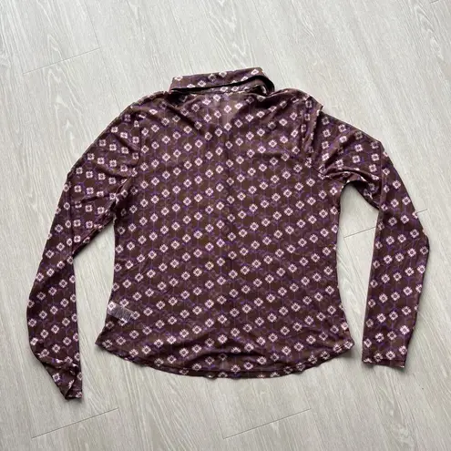 Lavender Moon Shirt Womens XL Sheer Mesh Floral Print Long Sleeve Retro Preppy Brown