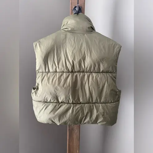 Women's Cropped Army Green Zip Up Puffer Vest Stand Collar Drawstring Hem XL EUC