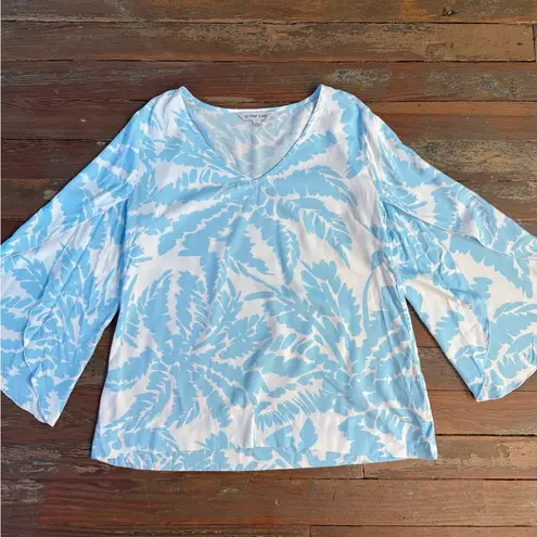La Mer Luxe Blue & White Tropical Leaf Print Top With Flowy Sleeves ~ Sz L 💛🍄 Size L