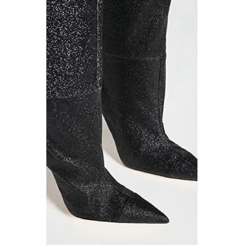 Good American  Super High Above Knee Thigh High Heeled Boots in Black Glitter 6.5