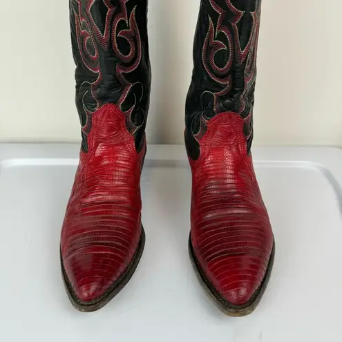 Vtg Nocona Red Black Lizard Leather Westerm Cowgirl Boots Sz 7B