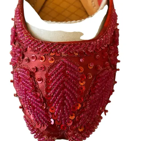 Khussa Pakistani Satin Red Bead sequin leather handmade genie flats Holiday y2k Size 9