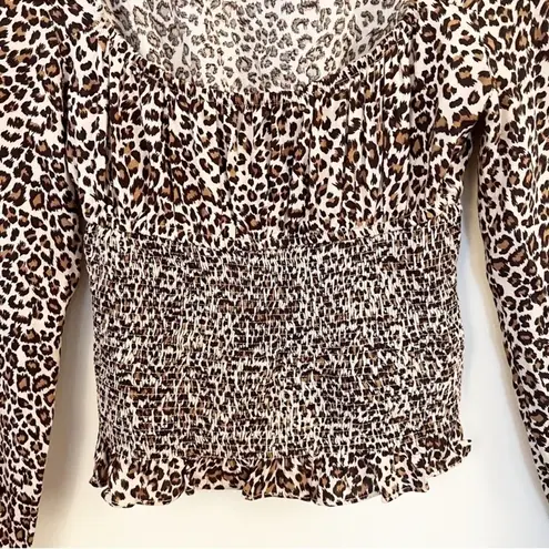 Princess Polly  Leopard Print Long Sleeve Smocked Waist Cropped Top Brown Size 0