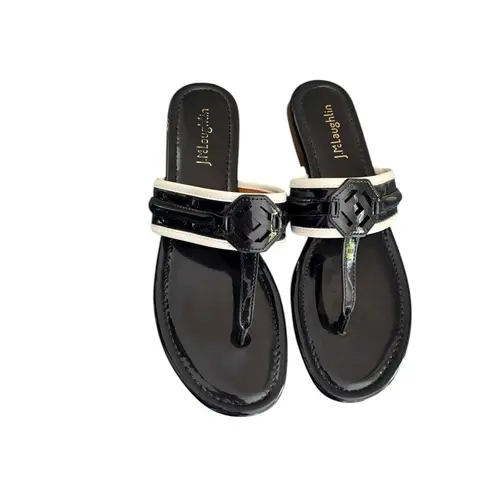 J. McLaughlin Faux Patent Leather Thong Sandal 8.5 Navy White Elevated Design