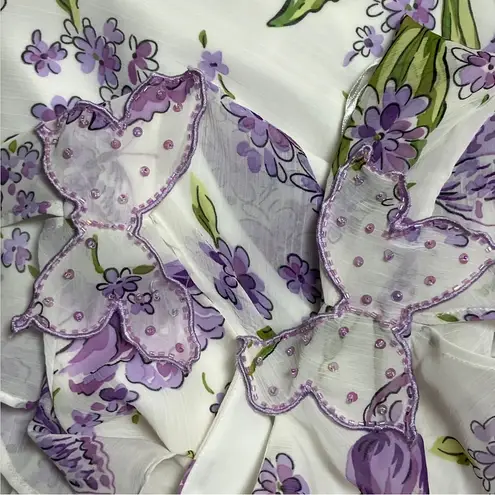 Vintage 90s Y2K White Purple Floral Butterfly Fairycore Top Large Easter Pastel