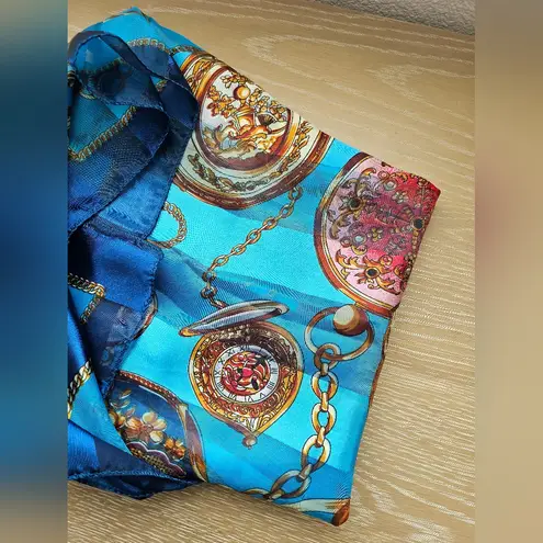 Blue Satin Large Square Neck Scarf Antique Clocks Gold Chains