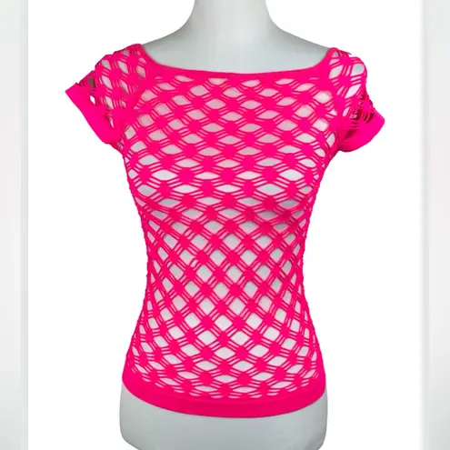 NEW Neon Pink Stretch Fishnet Cutout Sheer Dance Top One Size Biker 80s Costume
