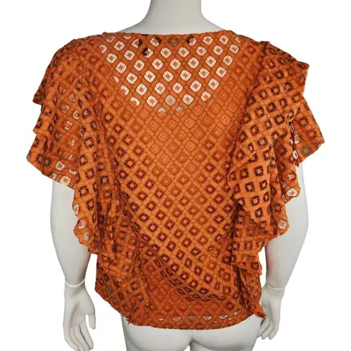 Du Jour Crew Neck Ruffle Lace Top Orange Rust Small A378507 NWOT Ruffle Sleeve
