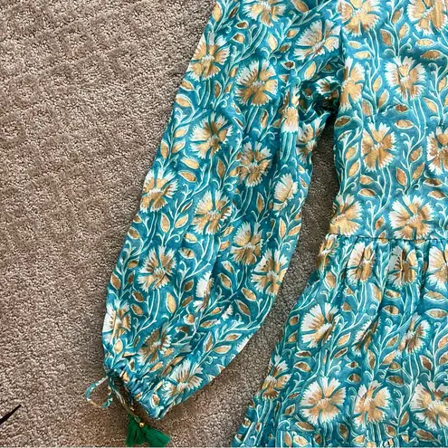 NWOT Oliphant Teal Floral Tiered Mini Dress Hand Block Print, Size Small Blue