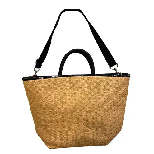 Bath & Body Works Straw Tote Bag Black Handles Bow Removable Strap Summer Travel