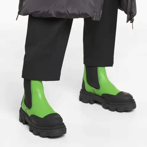 Ganni Calf Leather Mid Chelsea Boot Neon Lime Green Chunky Lug Sole 39