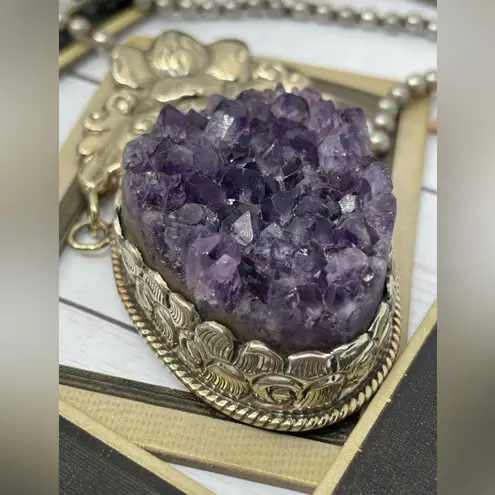 Amethyst Druzy Necklace with unique handcrafted carvings on a 4 mm 20” chain