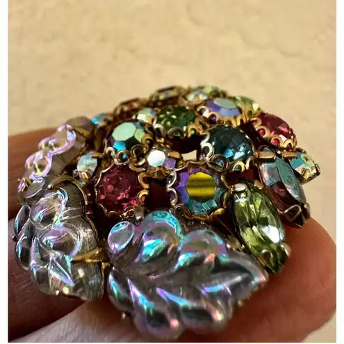 WEISS Molded Glass Leaves AB Rhinestone Wreath Brooch Vintage