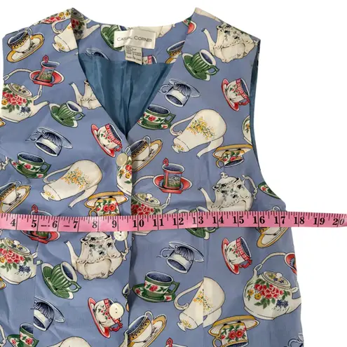 Vintage Casual Corner Women's Silk Tea Cup Teapot Print Vest Blue Size L Cottage Size L