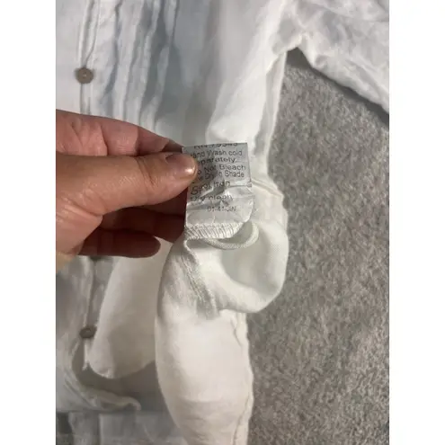 Lungo L'arno 100% Linen Button Up Roll Tab Sleeve Top Size S Eyelet Design White Blue - Image 4