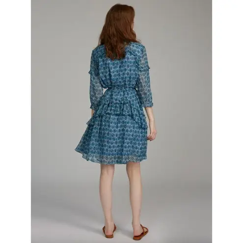 SALONI Tilly Silk Ruffle Belted Mini Dress Filigree Batik Blue Womens Size US 4