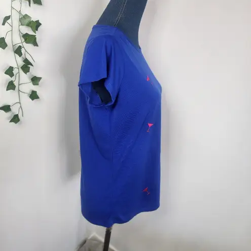 Vintage Rose Blue Top with Embroidered Martini Glass Design Red Size L