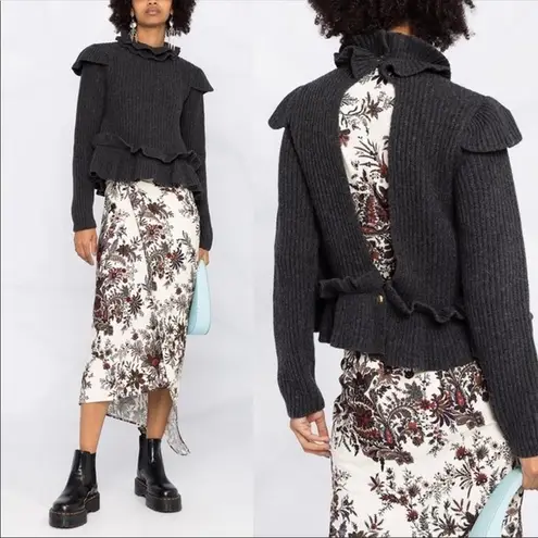 Ganni Phantom Gray Ruffle Open Back Wool Sweater XS NWT