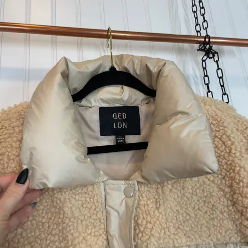 QED London Teddy Puffer Jacket Size 12 Beige Tie Waist Outdoor Warm Tan