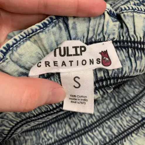 Tulip Creations Smocked Crop Top Womens Small Blue Tie Strap Sleeveless Denim