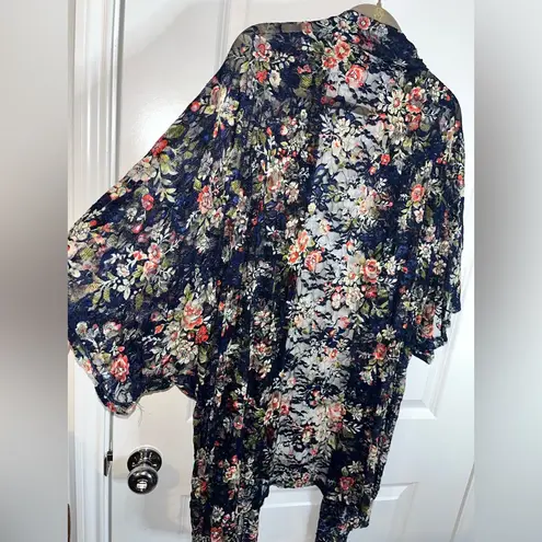 Pinky Navy Blue Lace Floral Print Stretchy Flare WaterfallCardigan Size One Size