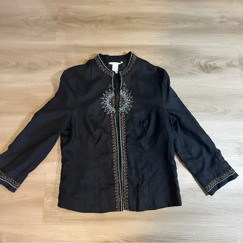 Sarah Spencer Black Linen Beaded Blazer Women’s 12 Shirt Boho