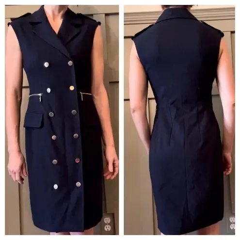 Calvin Klein  Navy Blue Gold Button Sleeveless Crepe Sheath Dress Size 2