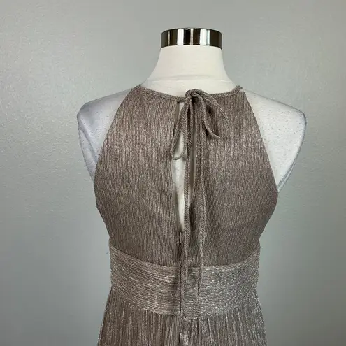 R & M Richards Sparkly Halter Long Column Evening Gown Gold Size 6 Formal Dress