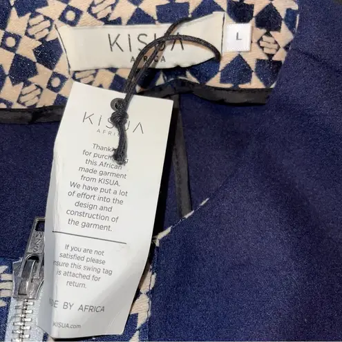 NWT KISUA AFRICA WOMEN’s Size Large Zip Front Short Sleeve Navy And Cream Blue