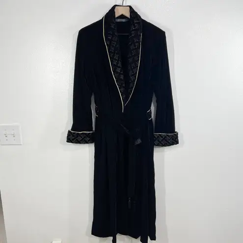 Jasmine Rose Signature Velvet Robe Large Black Gold Trim Long Lounge Womens