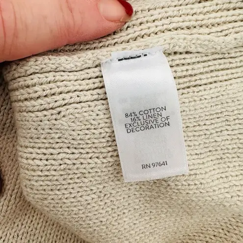 J Jill Linen Blend Short Sleeve Sweater Embroidered Flower Pullover Size XL Boho Tan