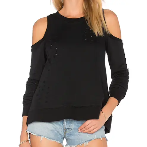Central Park West New Distressed Cold Shoulder Zip Back Los Feliz Sweatshirt Black